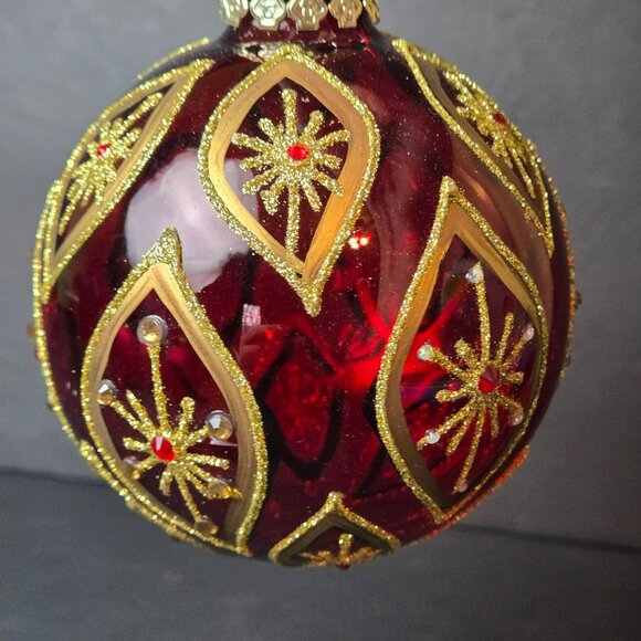 Frontgate Burgundy Gold Glass Ornament Jeweled Starburst Design Large 4" - Picture 3 of 7